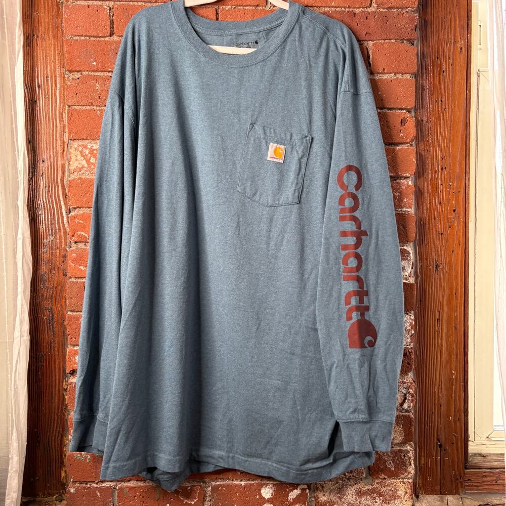 Carhartt Long Sleeve Logo Loose Fit Tee Sz 3XL Heather Blue Logo Pocket